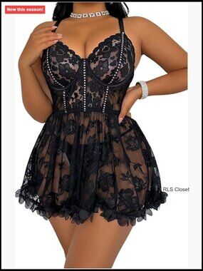 Plus Size Lace Babydoll Lingerie Chemise with Thong Underwire Sheer Ruffle